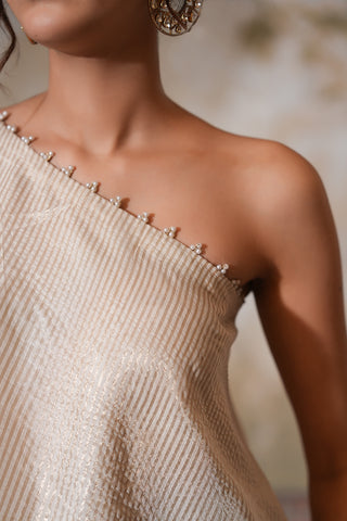 Elegant One-Shoulder Ivory Cape Set with Textured Detailing
