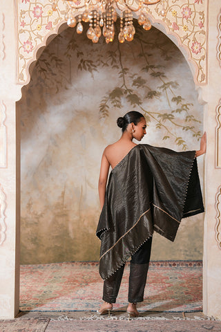 Sophisticated One-Shoulder Midnight Noir Cape Set with Metallic Texture