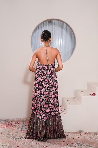 Black Crepe Silk Hand Embroidered Printed Backless Kurta With Black Crepe Silk Printed Gharara