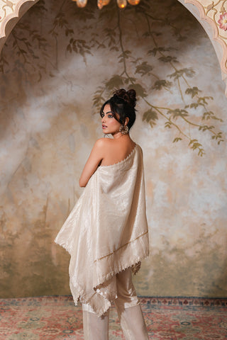 Elegant One-Shoulder Ivory Cape Set with Textured Detailing
