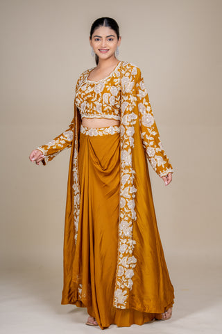 Luxury Mustard Silk Drape Skirt Set with Intricate White Embroidered Jacket