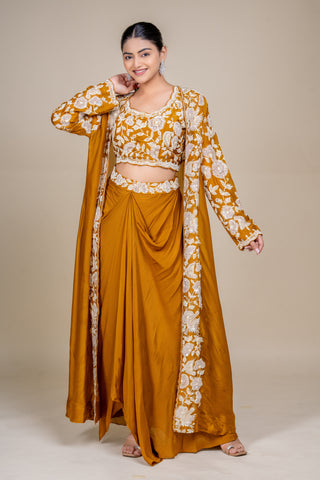 Luxury Mustard Silk Drape Skirt Set with Intricate White Embroidered Jacket