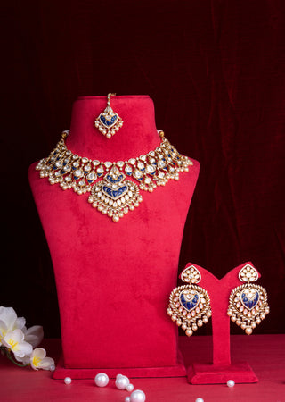 Royal Blue Kundan Polki Bridal Necklace Set with Statement Jhumkas & Maang Tikka