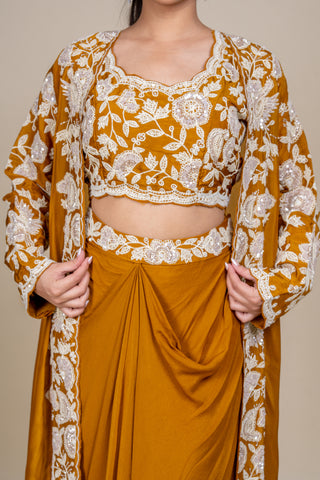 Luxury Mustard Silk Drape Skirt Set with Intricate White Embroidered Jacket