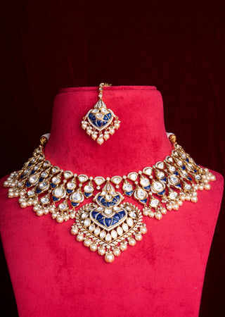 Royal Blue Kundan Polki Bridal Necklace Set with Statement Jhumkas & Maang Tikka