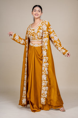 Luxury Mustard Silk Drape Skirt Set with Intricate White Embroidered Jacket