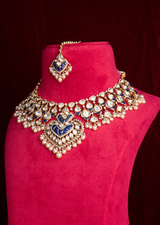 Royal Blue Kundan Polki Bridal Necklace Set with Statement Jhumkas & Maang Tikka