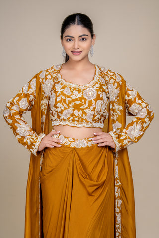 Luxury Mustard Silk Drape Skirt Set with Intricate White Embroidered Jacket