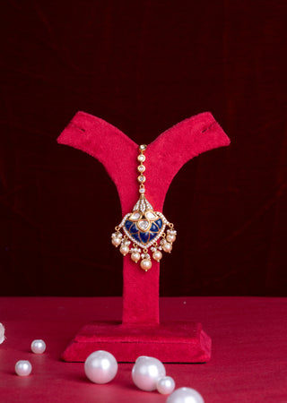 Royal Blue Kundan Polki Bridal Necklace Set with Statement Jhumkas & Maang Tikka