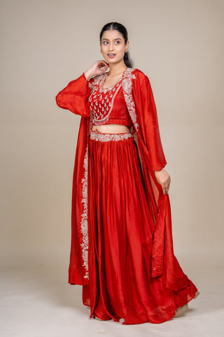 Burnt Sienna Royale Embroidered Lehenga Set with Sheer Cape