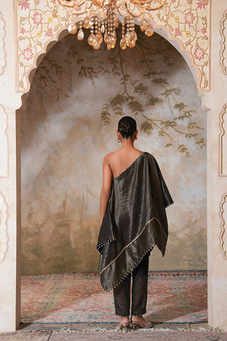 Sophisticated One-Shoulder Midnight Noir Cape Set with Metallic Texture