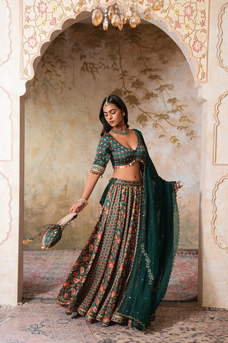 Emerald Green Crepe Silk Hand Embroidered Printed Blouse With Emerald Green Crepe Silk Printed Lehenga With Gota Work And Hand Embroidered Scallop Green Organza Dupatta