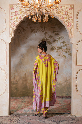 Lime Crepe Silk Hand Embroidered Printed Kaftan With Lime Crepe Silk Printed Narrow Pants - Set of 2