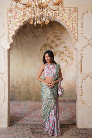 Blush Floral Printed Saree with Contemporary Sleeveless Blouse