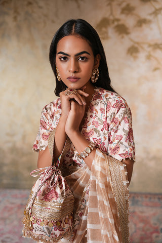 Champagne Sand Handcrafted Saree with Subtle Checks and Floral Border
