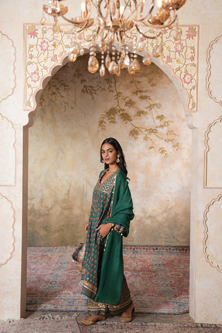Emerald Green Crepe Silk Hand Embroidered Printed Kurta With Emerald Green Crepe Silk Printed Palazzo Pants With Gota Work And Green Sequin Work Organza Dupatta