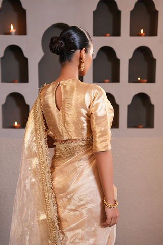 Antique Champagne Gold Saree with Handcrafted Embellished Border