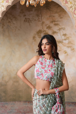 Blush Floral Printed Saree with Contemporary Sleeveless Blouse