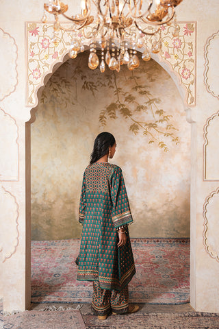 Emerald Green Crepe Silk Hand Embroidered Printed Kurta With Emerald Green Crepe Silk Printed Palazzo Pants With Gota Work And Green Sequin Work Organza Dupatta