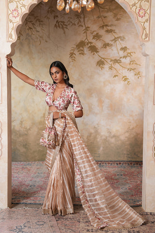 Champagne Sand Handcrafted Saree with Subtle Checks and Floral Border