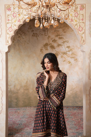 Black Crepe Silk Hand Embroidered Printed Kurta With Black Crepe Silk Printed Palazzo Pants With Gota Work And Rust Sequin Work Organza Dupatta