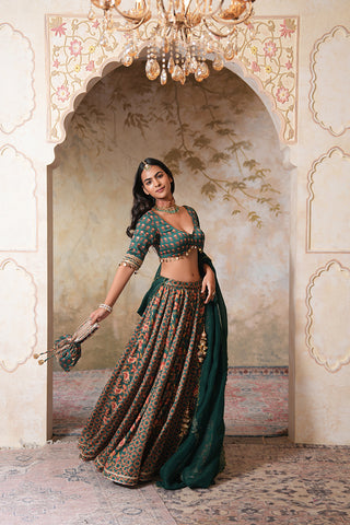 Emerald Green Crepe Silk Hand Embroidered Printed Blouse With Emerald Green Crepe Silk Printed Lehenga With Gota Work And Hand Embroidered Scallop Green Organza Dupatta