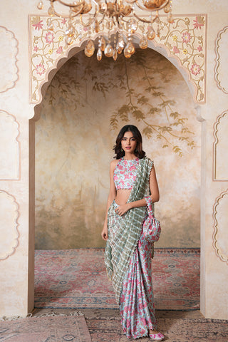 Blush Floral Printed Saree with Contemporary Sleeveless Blouse