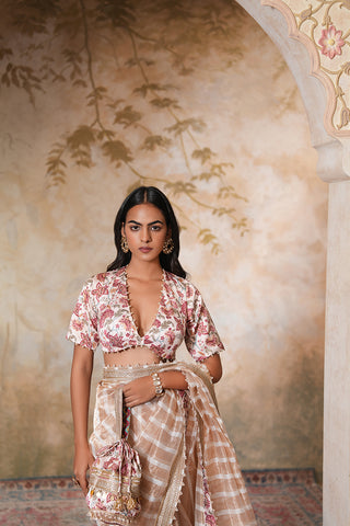 Champagne Sand Handcrafted Saree with Subtle Checks and Floral Border