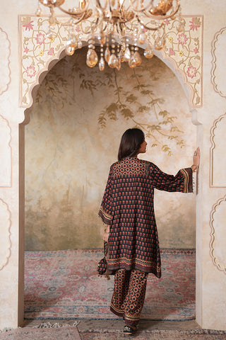 Black Crepe Silk Hand Embroidered Printed Kurta With Black Crepe Silk Printed Palazzo Pants With Gota Work And Rust Sequin Work Organza Dupatta