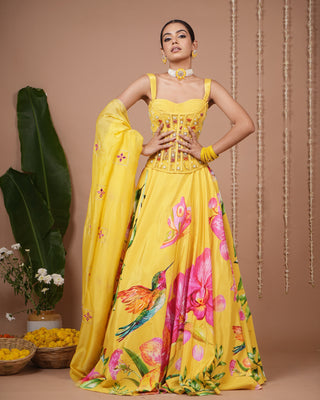 Mustard Floral Printed Corset Heavy Lehenga Set