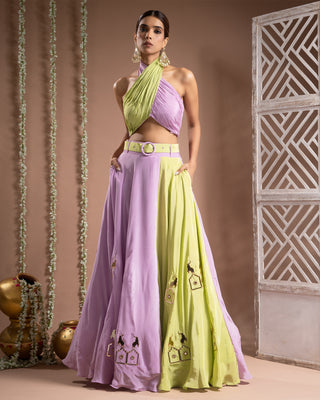 Green lilac indo lehenga with belt