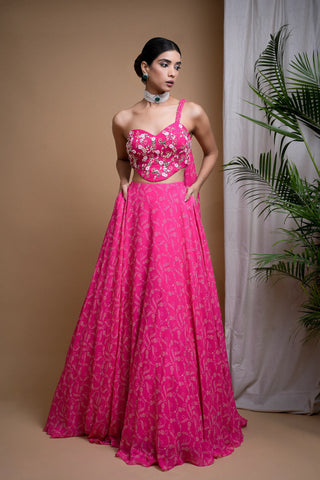 Hot pink digital print indo lehenga set