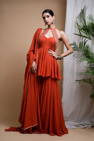 Rust orange indo anarkali suit set