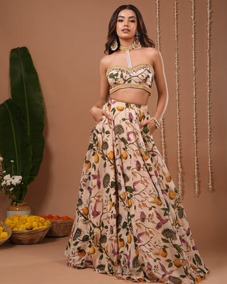 Cream Lemon Printed Indo Lehenga Set