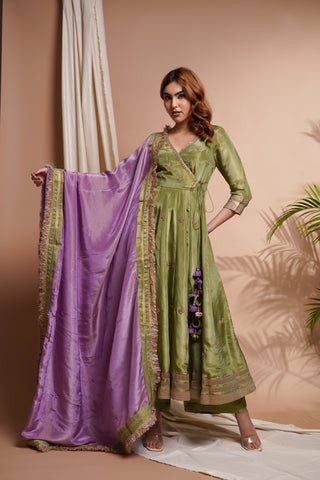 Green Purple Tissue Silk Angrakha Anarkali Set