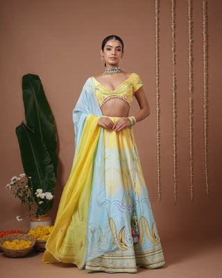 Yellow- Firozi Heavy Printed Lehenga Set