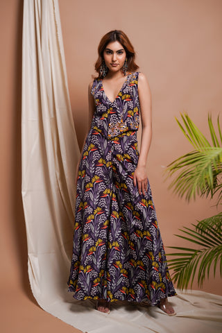 Violet Printed Vest Coat And Palazzo Set