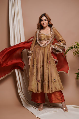 Golden Tissue Silk Anarkali Suit Set