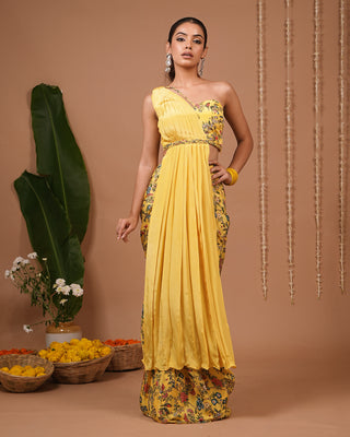 Yellow Printed Indo Saree