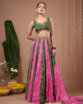 Green - Pink Bandhani Floral Printed Lehenga Set