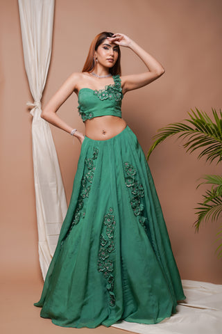 Bright Green 3-D Organza Indo Lehenga Set
