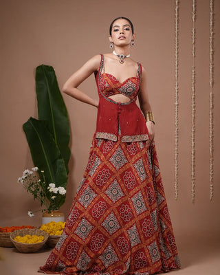Red Bandhani Printed Lehenga Set