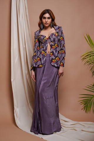 Violet Digital Printed Coat And  Drape Skirt Set