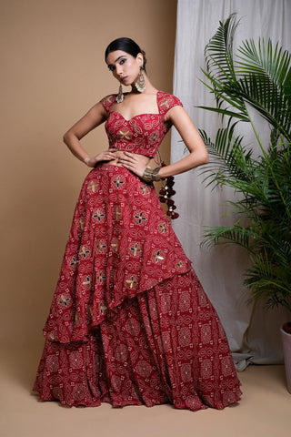 Red bandhani digital print indo lehenga set