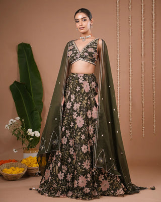 Olive Green Floral Printed Organza Lehenga Set