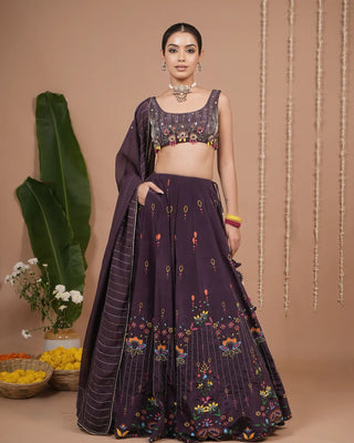 Dark Purple Printed Heavy Lehenga Set