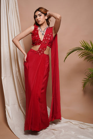 Red Pre-Stitched Draped Saree