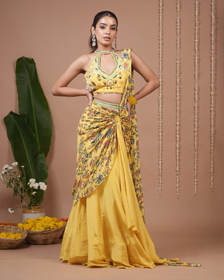 Bright Yellow Printed Halter Neck Indo Drape Set