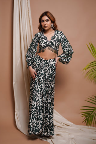 White-Green Digital Printed Drape  Skirt Set