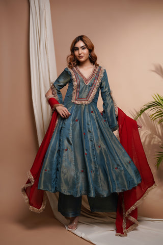 Blue Red Tissue Silk Anarkali Suit Set
